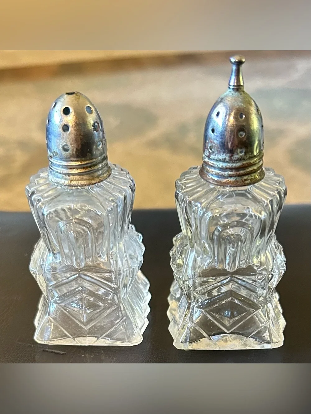 Vintage Cut Glass Salt and Pepper Shakers with Silver-Tone Caps - Clear